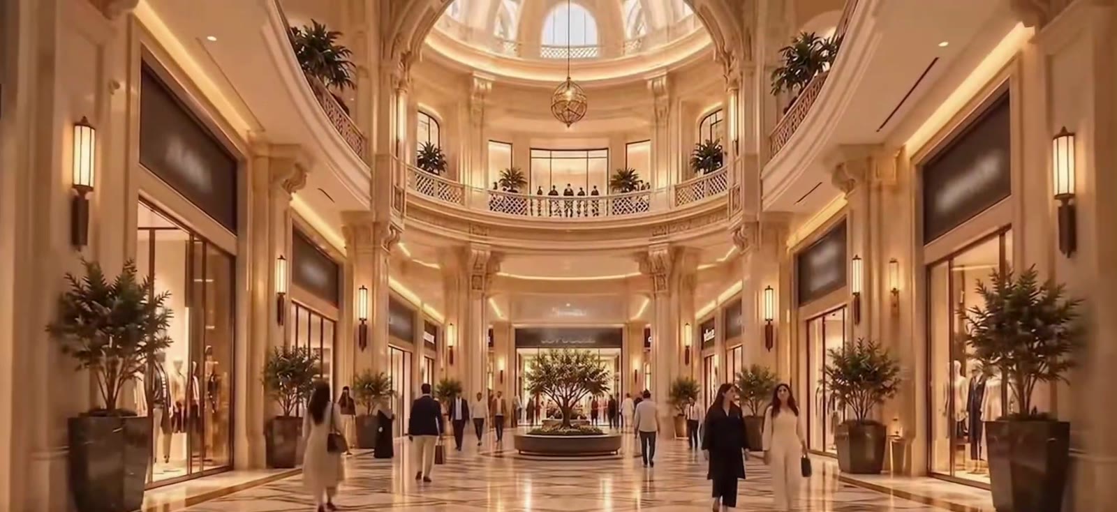 Grand retail arcade beneath a domed atrium