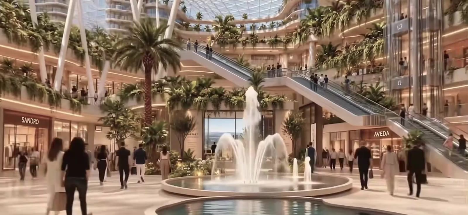 Shoppers walking through a landscaped atrium with a fountain