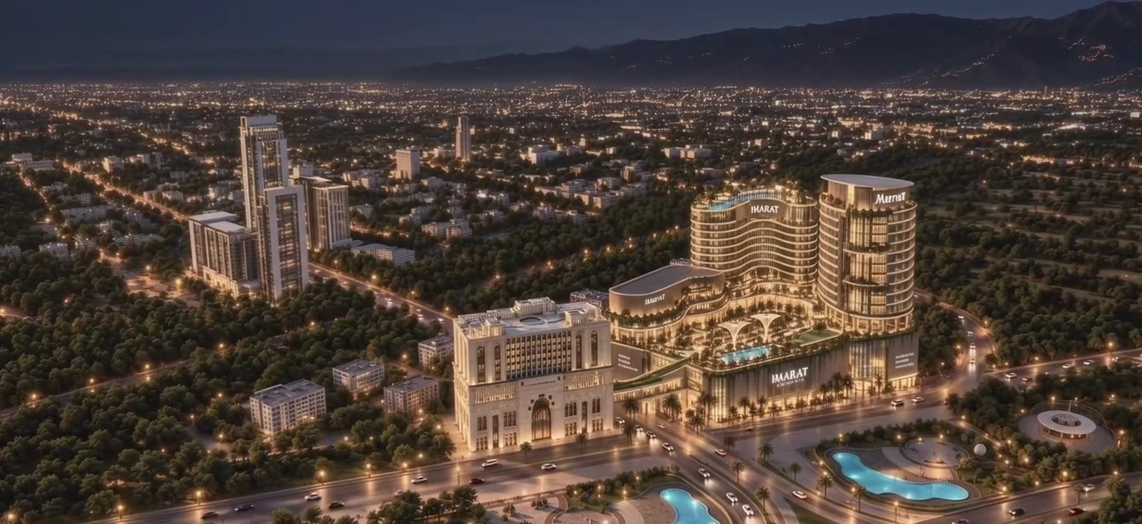 Aerial view of the Imarat development at night